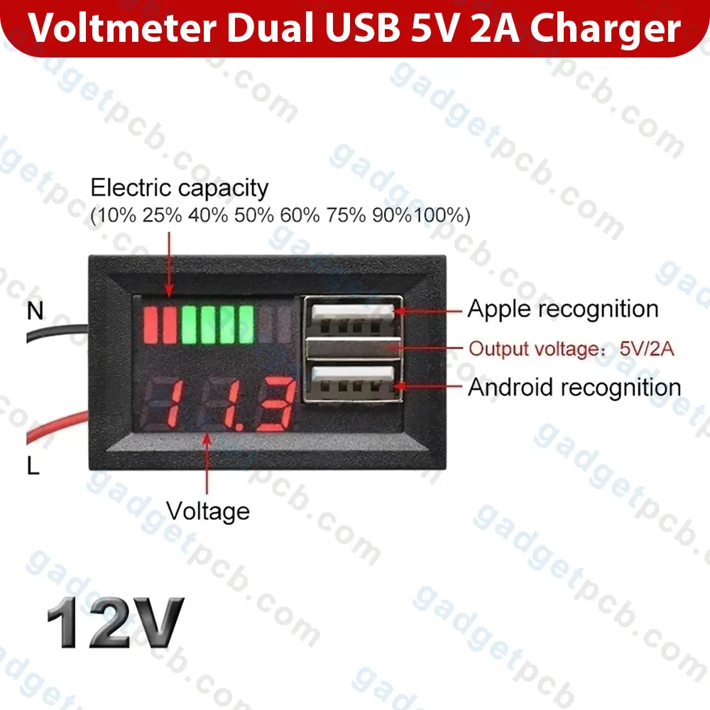 12V Universal Dual USB 5V 2A Digital Voltmeter Battery Indicator Display Module with LED Display 1 12V Universal Dual USB 5V 2A Digital Voltmeter