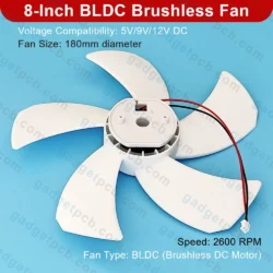 Alternative view of 8 Inch BLDC Brushless Fan 5 Blades 9V/12V DC High Air Flow Cooling Fan 2600RPM For DIY Projects