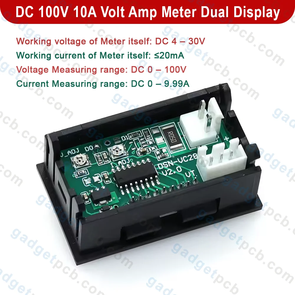 DSN-VC288 DC 100V 10A Volt Amp Meter Dual Digital Display With Cables LED Display BLUE RED LED 3 DC 100V 10A Volt Amp Meter Dual Digital Display