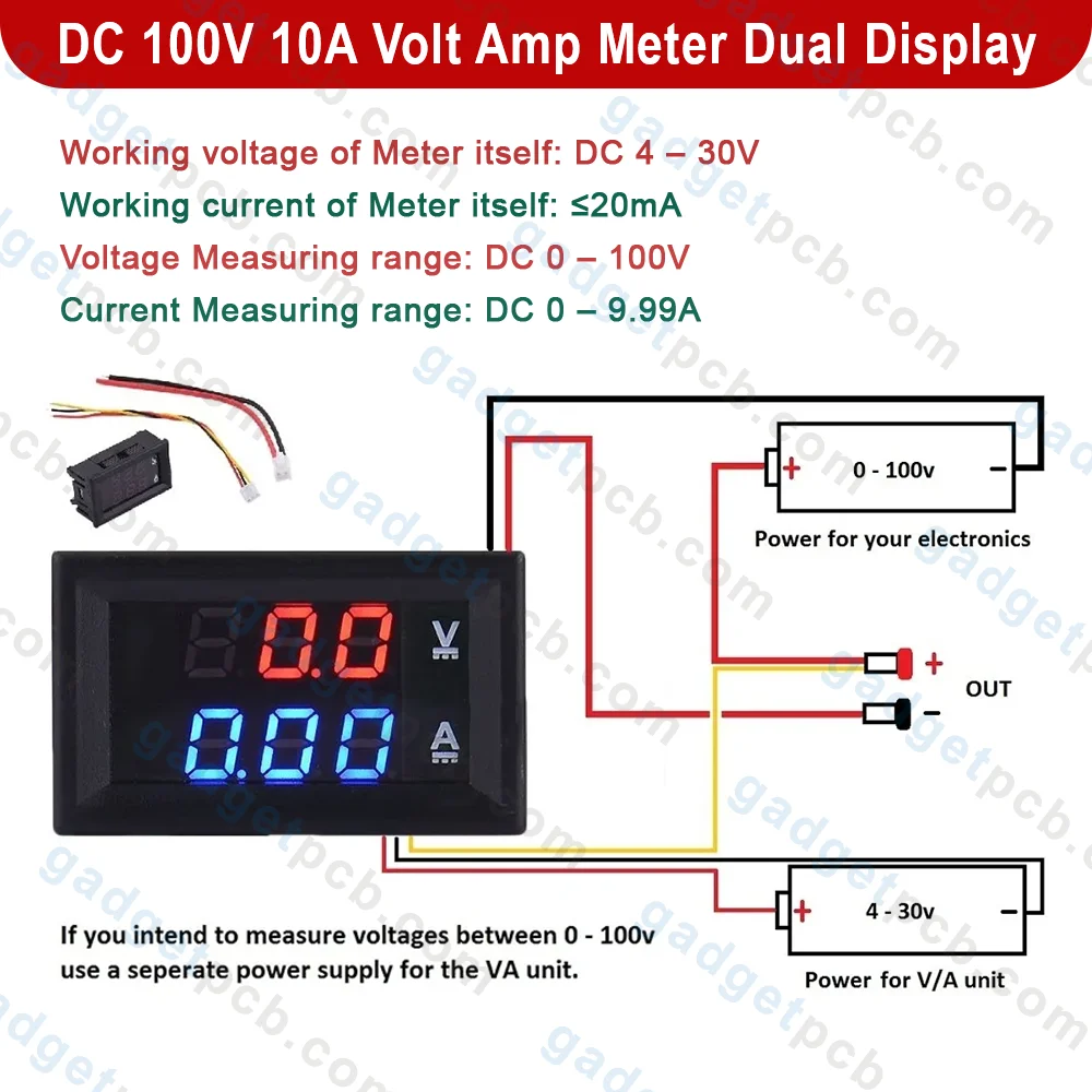 DSN-VC288 DC 100V 10A Volt Amp Meter Dual Digital Display With Cables LED Display BLUE RED LED 4 DC 100V 10A Volt Amp Meter Dual Digital Display