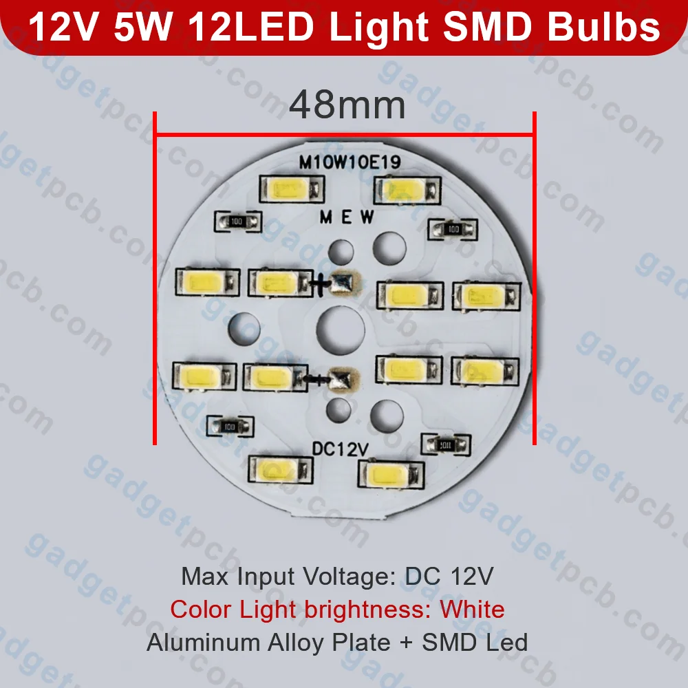 DC 12V 5W Round SMD LED Light Bulb Plate 12 LED Daylight White 48mm Aluminum Board For Solar DIY