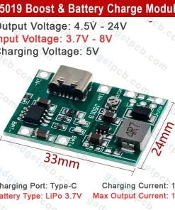 Alternative view of J5019 Boost Module Type-C DC-DC Step Up and Down 4.2V-24V Boost Module 3.7V/4.2V Battery Charging Board