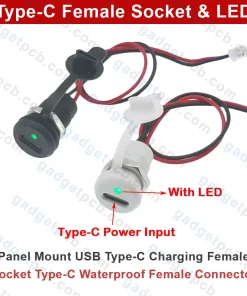 Alternative view of LED with Type-C Female Socket Connector for Panel Mount, 3A 2-Wire Female 24AWG Wire for Dust Cap and Nuts