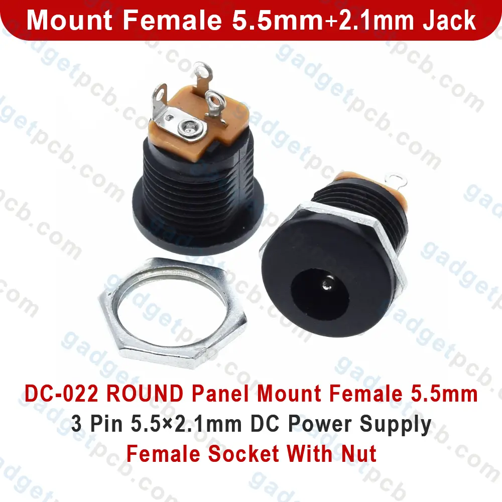 DC-022 ROUND Panel Mount Female 5.5mm 3 Pin 5.5×2.1mm Jack DC Power Supply Female Socket Connector With Nut 2 DC-022 ROUND Panel Mount Female 5.5mm 3 Pin 5.5×2.1mm Jack DC Power Supply Female Socket Connector With Nut - Image 2